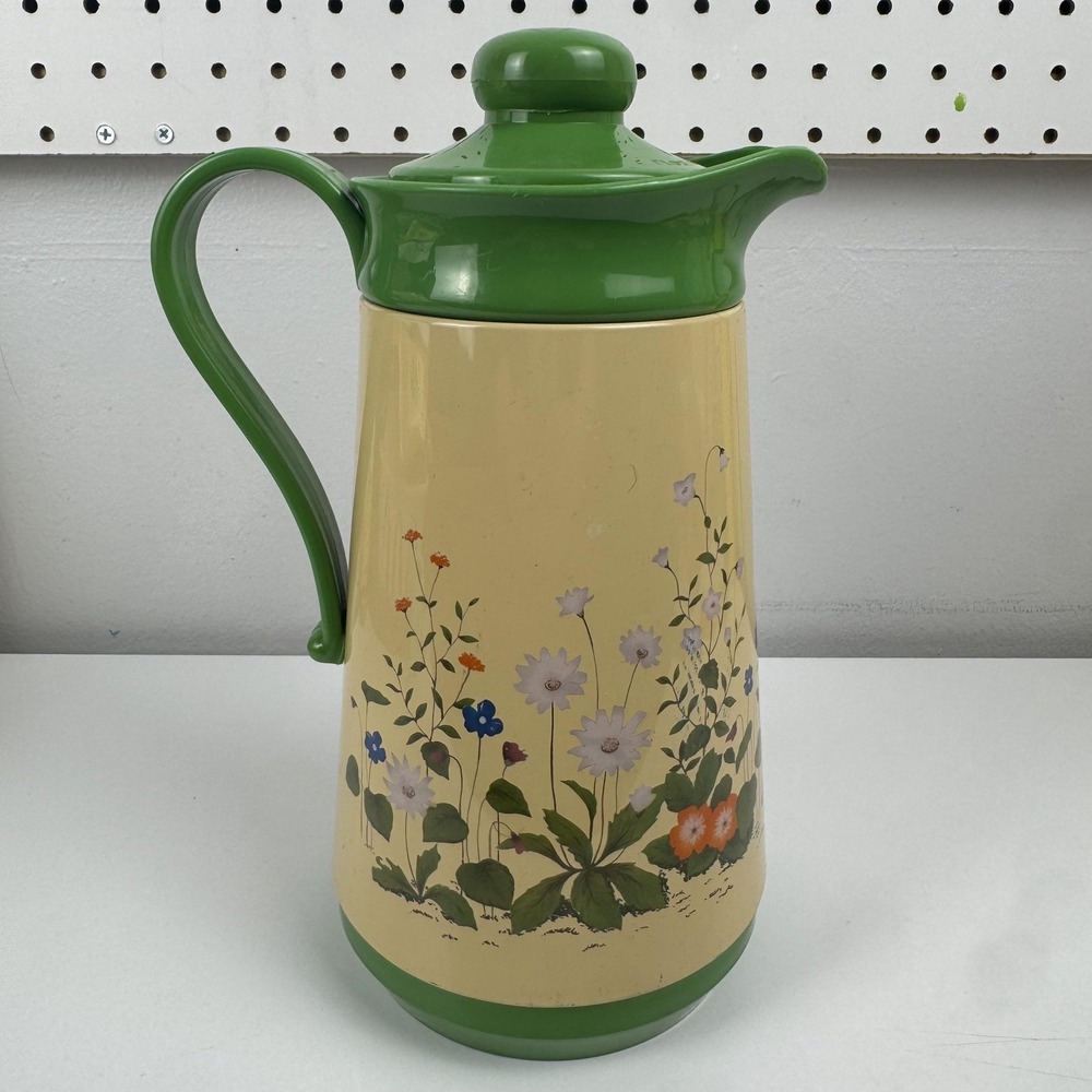 Vintage Interpur‎ Floral Vacuum Flask Beige Green Insulated Thermos Carafe - Picture 3 of 15